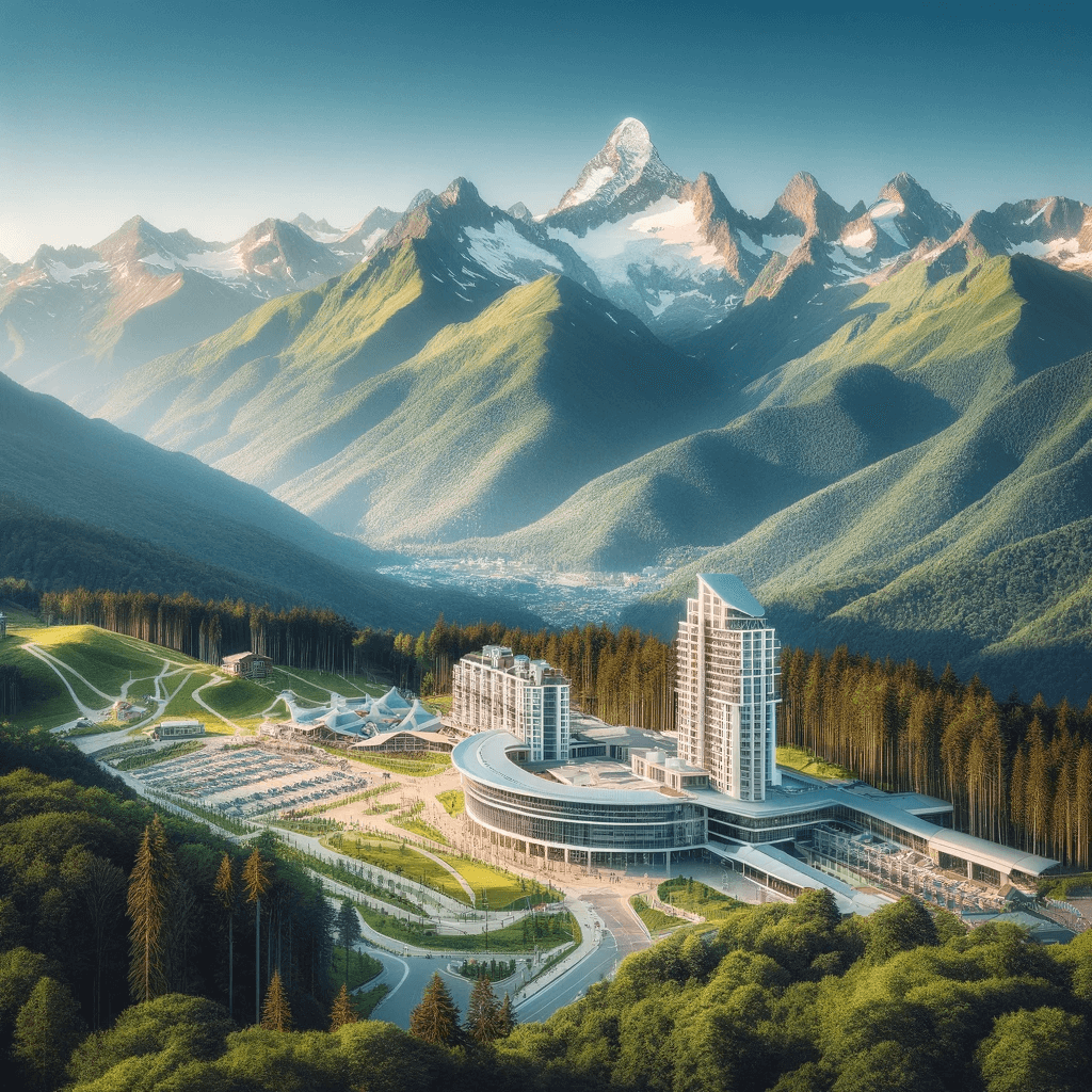 A stunning landscape of Rosa Khutor, Russia, featuring majestic mountains, lush greenery, a clear blue sky, and modern resort facilities in the foregr