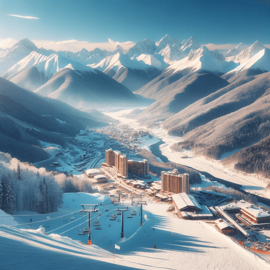 Иллюстрация горнолыжных особенностей курорта Красная Поляна, показывающая лыжные склоны, подъемники и лыжников, наслаждающихся горами.