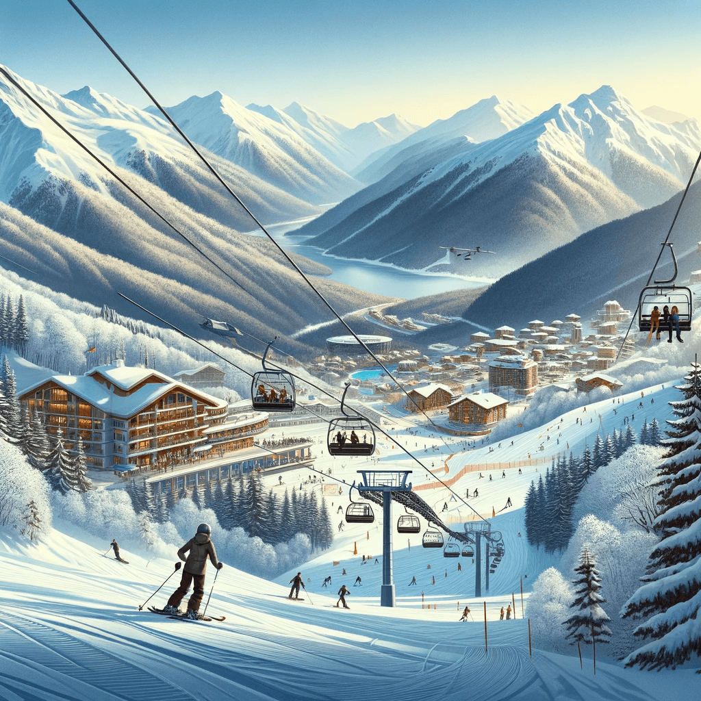 Изображение иллюстрирует красоту курорта Красная Поляна с заснеженными горными склонами, следами лыжных трасс и ясным голубым небом.