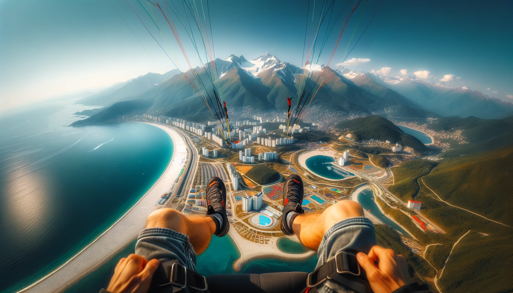 A view from a paraglider's perspective high above the Olympic Village in Sochi, with the paraglider's legs visible in the foreground, overlooking the sandy beaches and clear blue waters, and the mountainous backdrop of the Krasnaya Polyana ski resort. The image should capture the thrilling perspective of flying above this unique coastal and mountainous landscape, showcasing the beauty of Sochi from the sky.