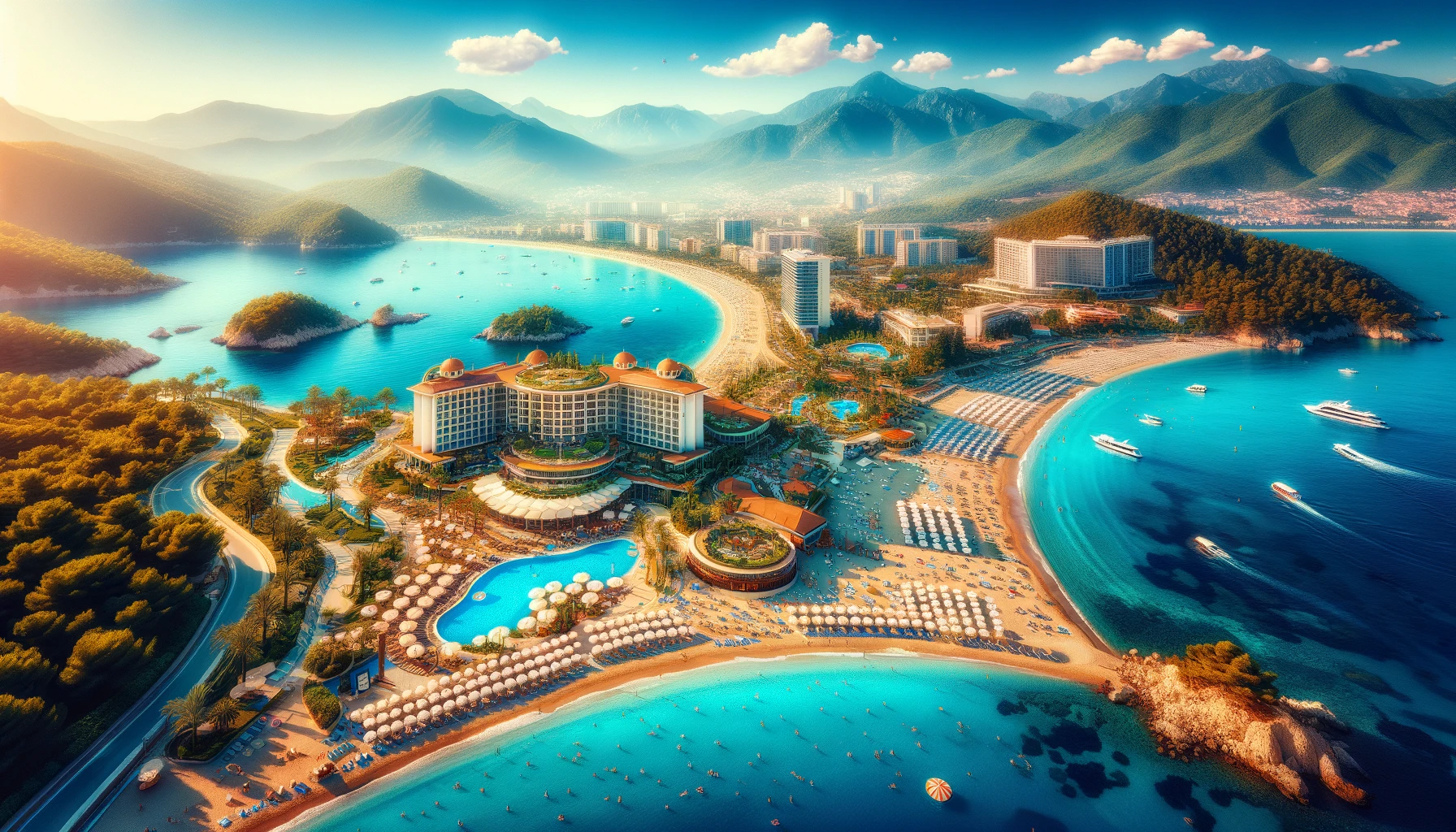 Here is a panoramic view illustrating the breathtaking beauty of a beach resort in Turkey, capturing the essence of an ideal holiday destination for relaxation and adventure. This scene embodies the perfect setting for families and travelers looking for a serene and picturesque vacation.