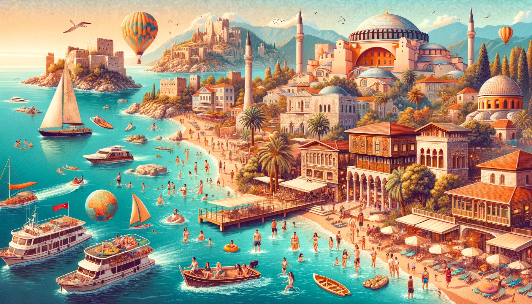 Изображение, отражающее красоту курортов Турции, на котором изображены чистые пляжи, бирюзовое море, исторические развалины и  туристы, наслаждающиеся отдыхом.