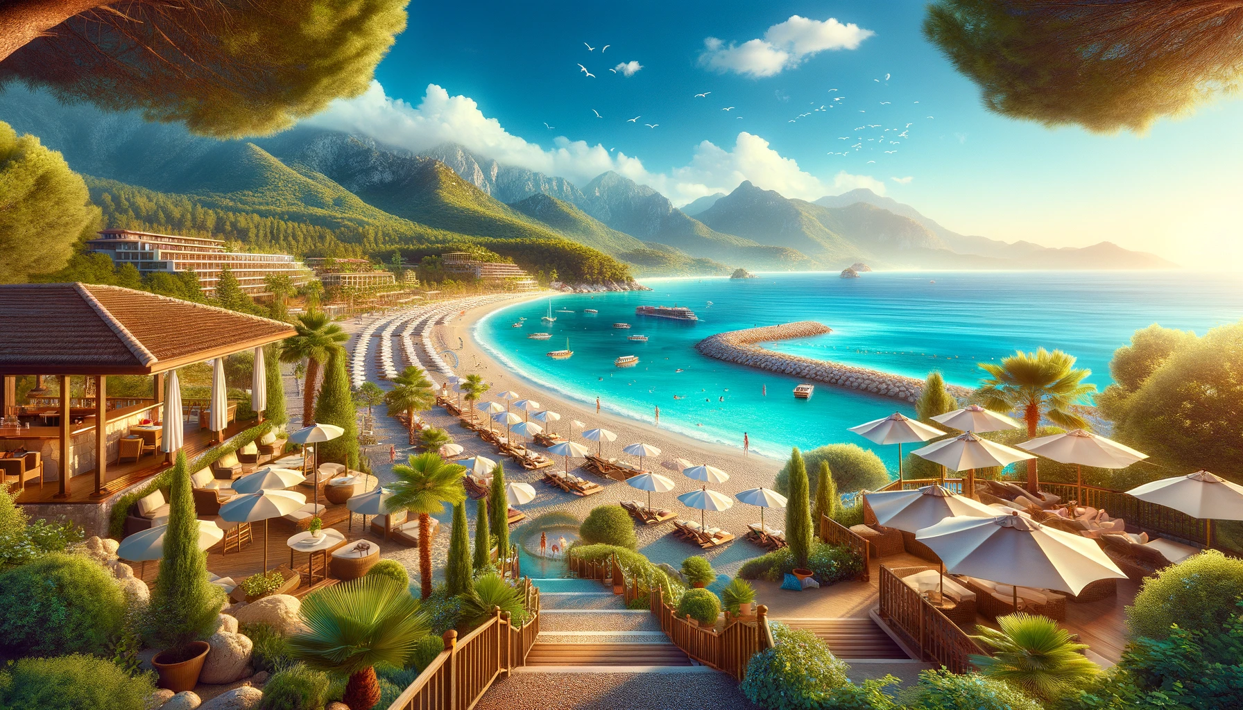 Here is a wide-format image illustrating the breathtaking beauty of the resorts in Turkey, capturing the essence of a luxurious and serene holiday destination.