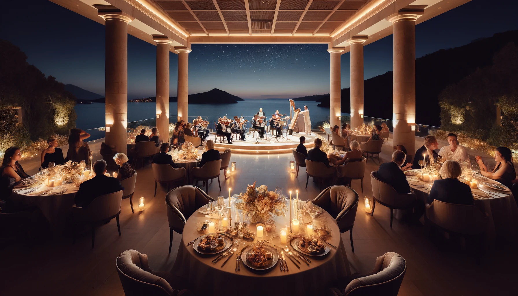 Романтический музыкальный вечер на террасе отеля Mandarin Oriental Bodrum. Они передают безмятежную и роскошную атмосферу: гости наслаждаются классической музыкой, красиво накрытыми столами и потрясающим средиземноморским пейзажем.