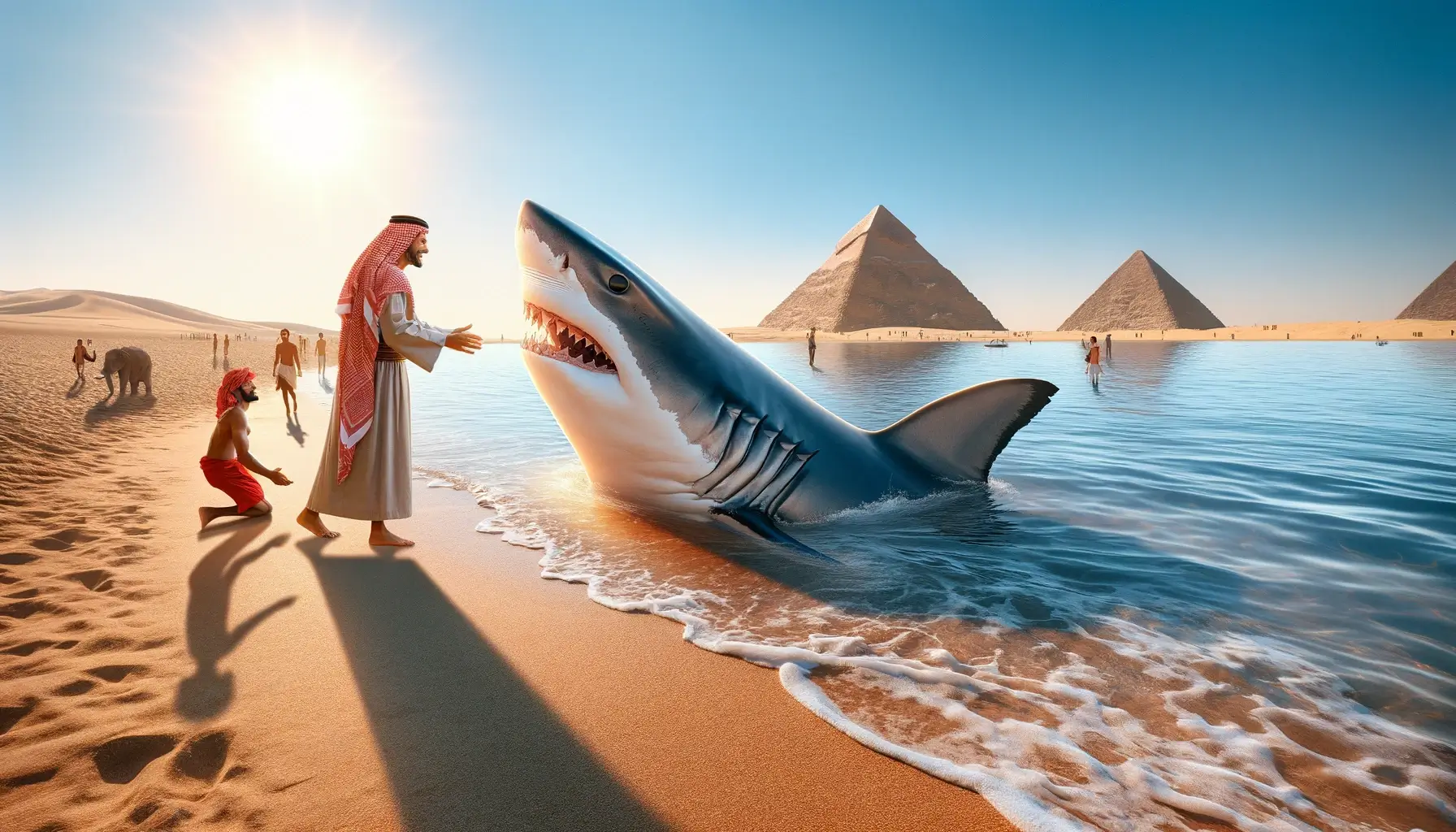 Сюрреалистическая сцена дружбы акулы и человека на пляже в Египте. Сцена включает в себя такие знаковые египетские элементы, как пирамиды на заднем плане. Смело присмотритесь к ним поближе!