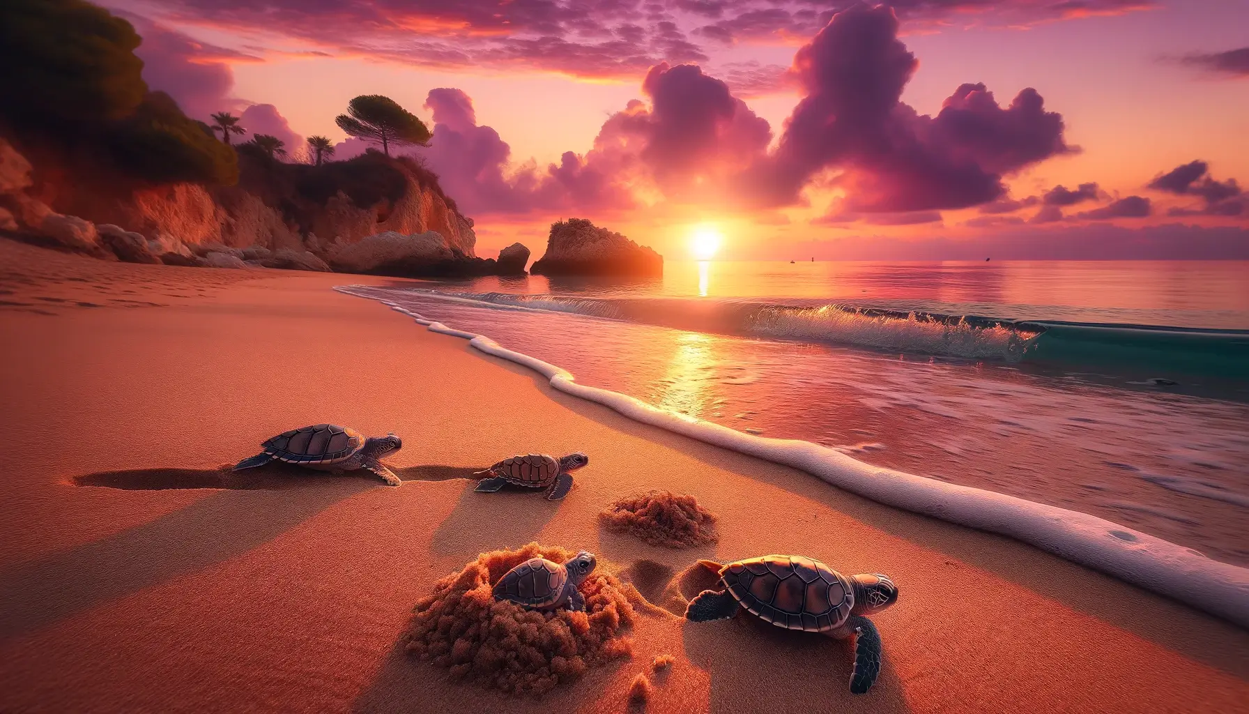 изображениt турецкого пляжа на рассвете с милыми черепашками