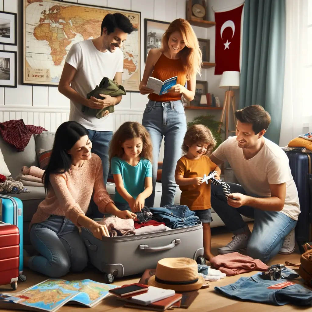 Cемья, собирающая чемоданы для отпуска в Турции. Вы можете увидеть, как каждый член семьи занимается разными задачами, создавая оживленную сцену подготовки.