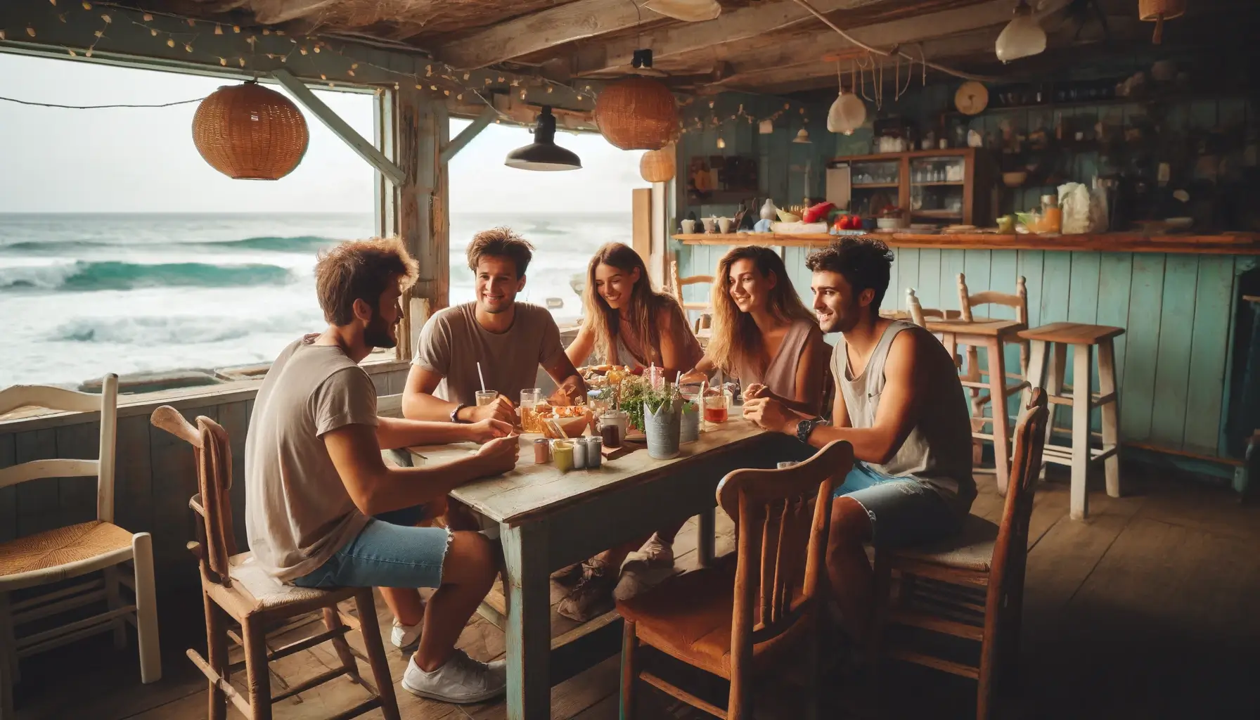 Изображение друзей, сидящих в бюджетной кафешке на берегу моря.