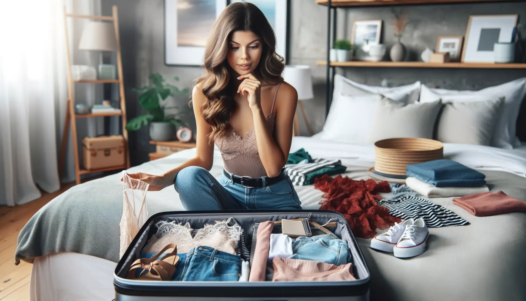 Изображение красивой молодой женщины, задумчиво собирающей чемодан в отпуск. Сцена передает волнение и ожидание ее предстоящей поездки.
