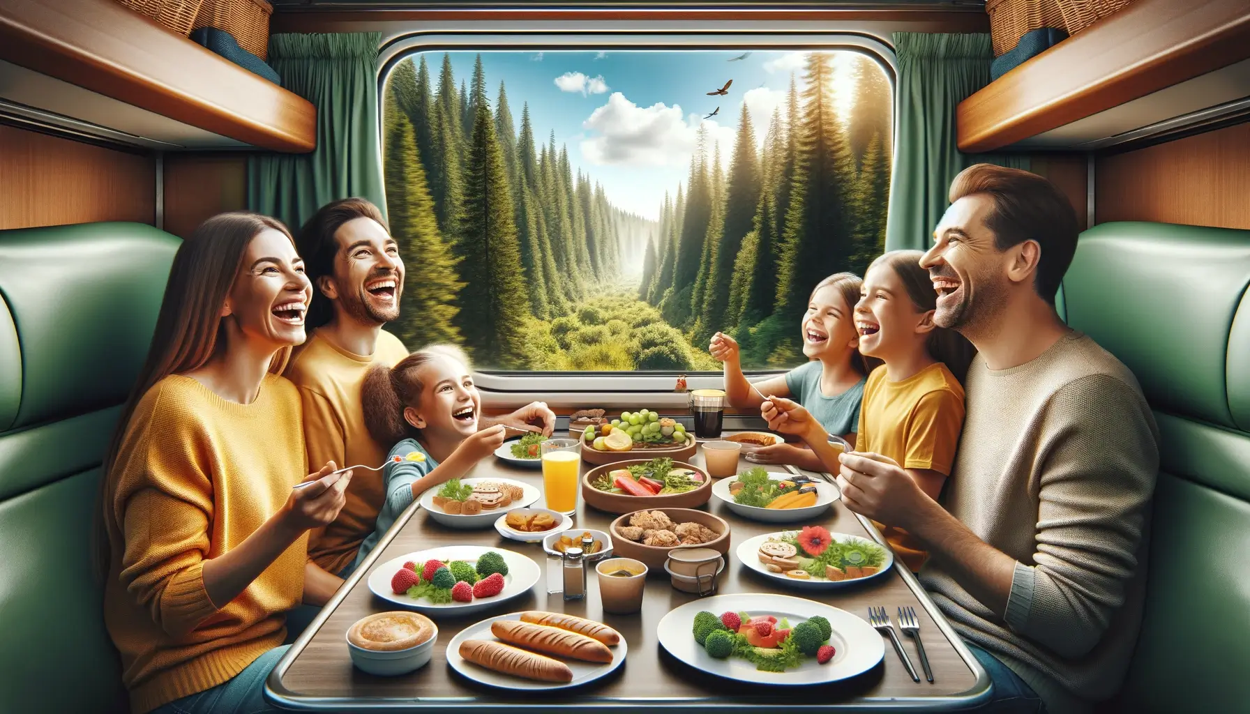 Изображение семьи, отправляющейся в отпуск на поезде. Сцена наполнена смехом и вкусной едой, а за окном виден живописный лес.