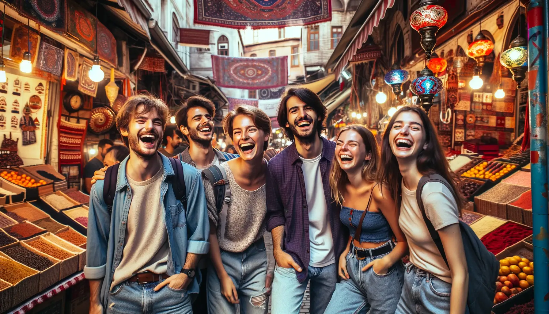 Изображение компании молодежи, весело проводящей время на базаре в Стамбуле.