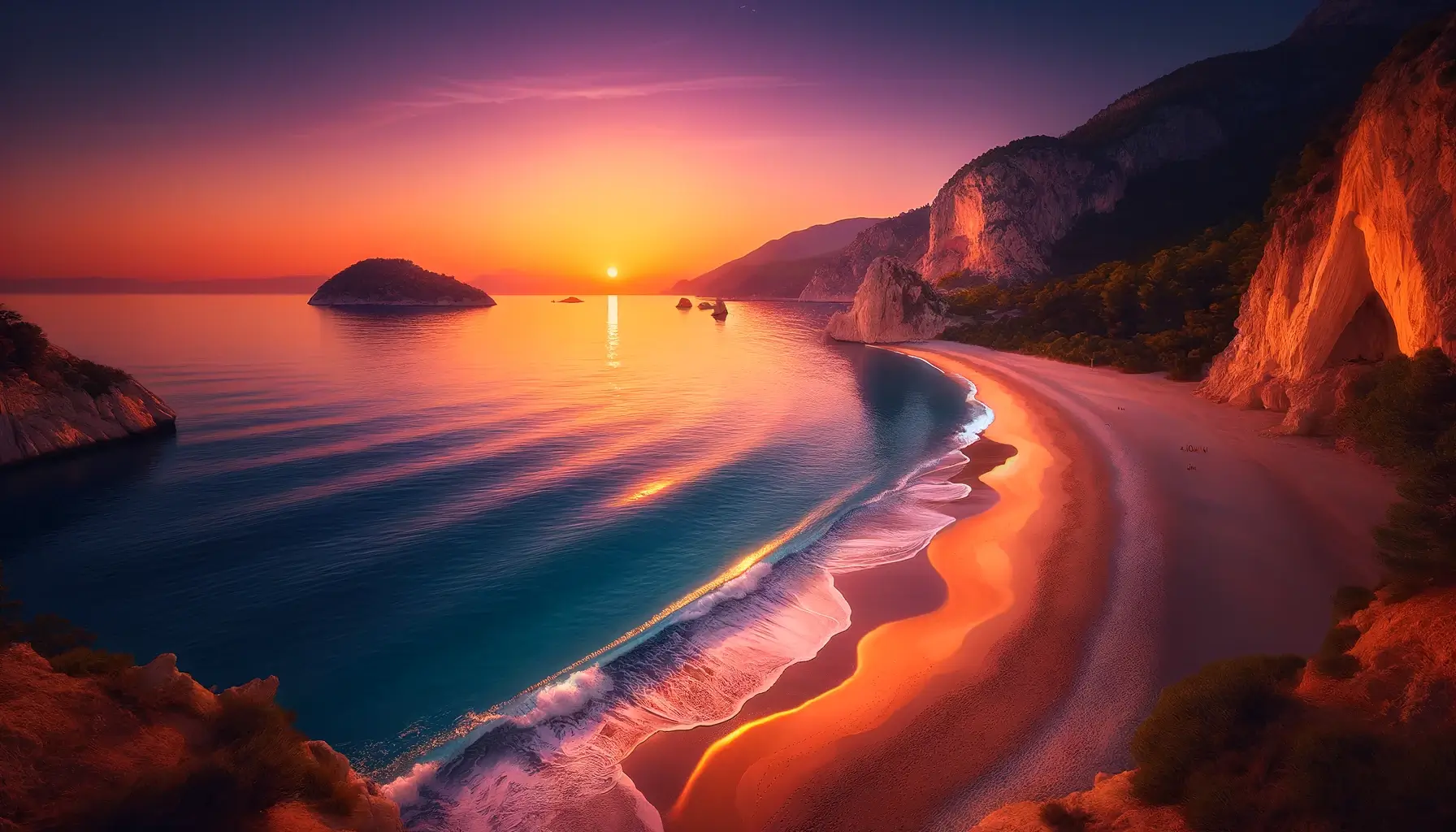 Изображение красивого турецкого пляжа на закате. Потрясающие цвета и безмятежная атмосфера идеально передают суть спокойного вечера у моря.