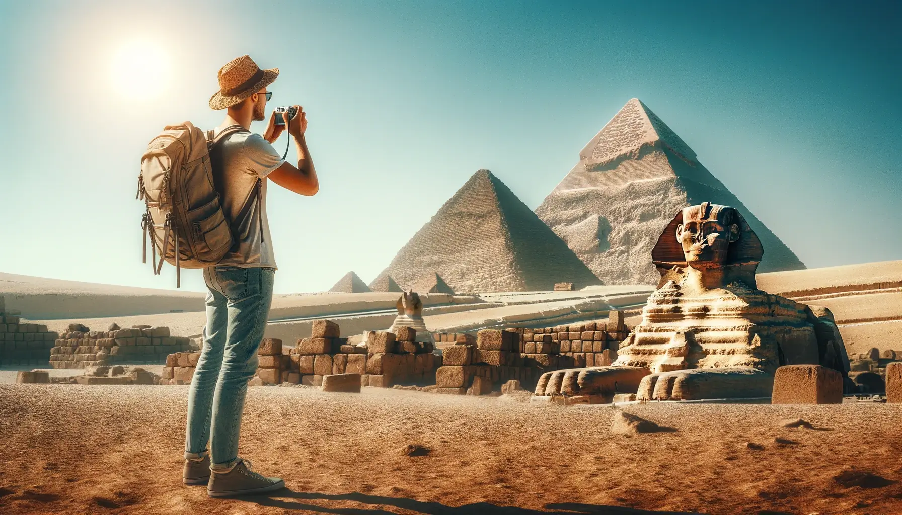 Изображение туриста на пирамидах Гизы