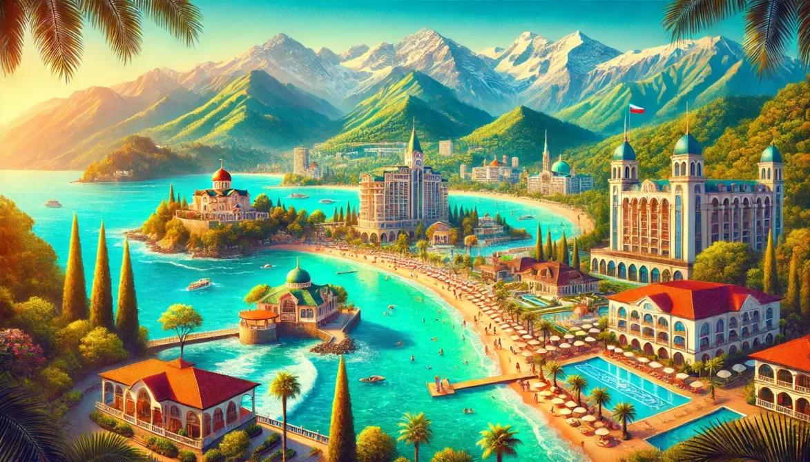 A stunning digital wide-format illustration showcasing the breathtaking beauty of the resorts in Abkhazia. The image should include picturesque beache.