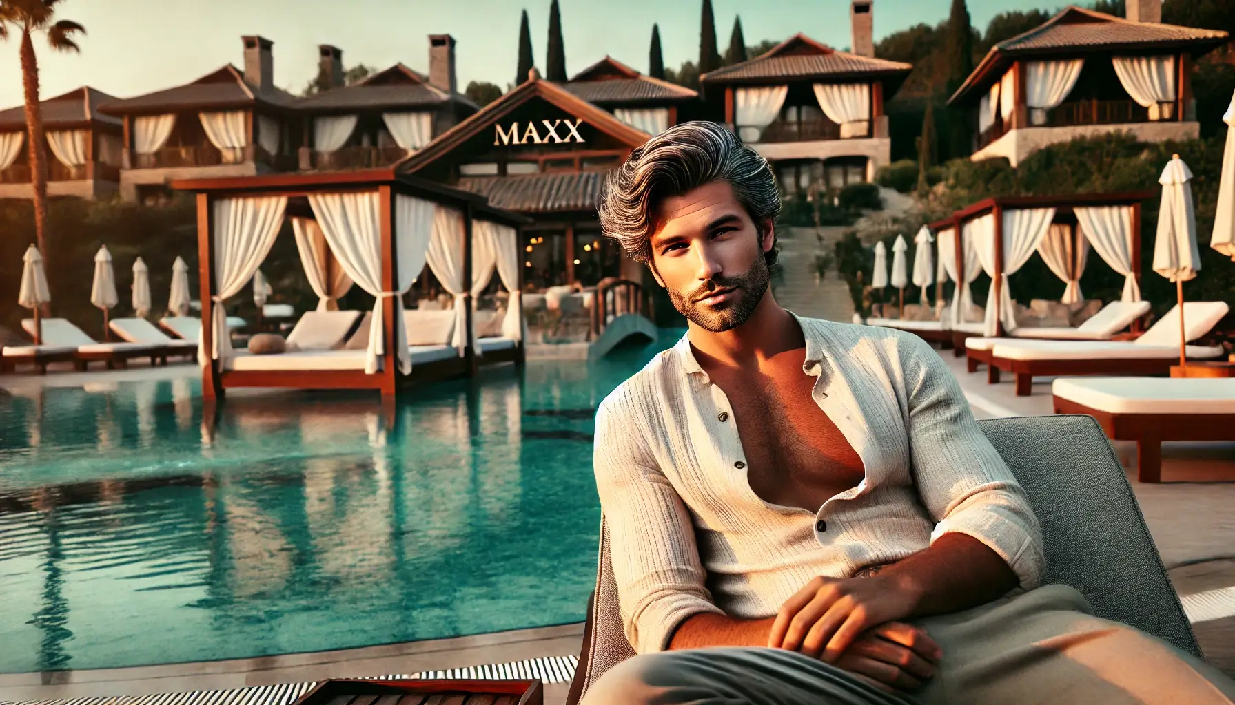 изображение, на котором изображен мужчина с седыми волосами и томным взглядом, наслаждающийся отдыхом в отеле Maxx Royal Belek Golf Resort
