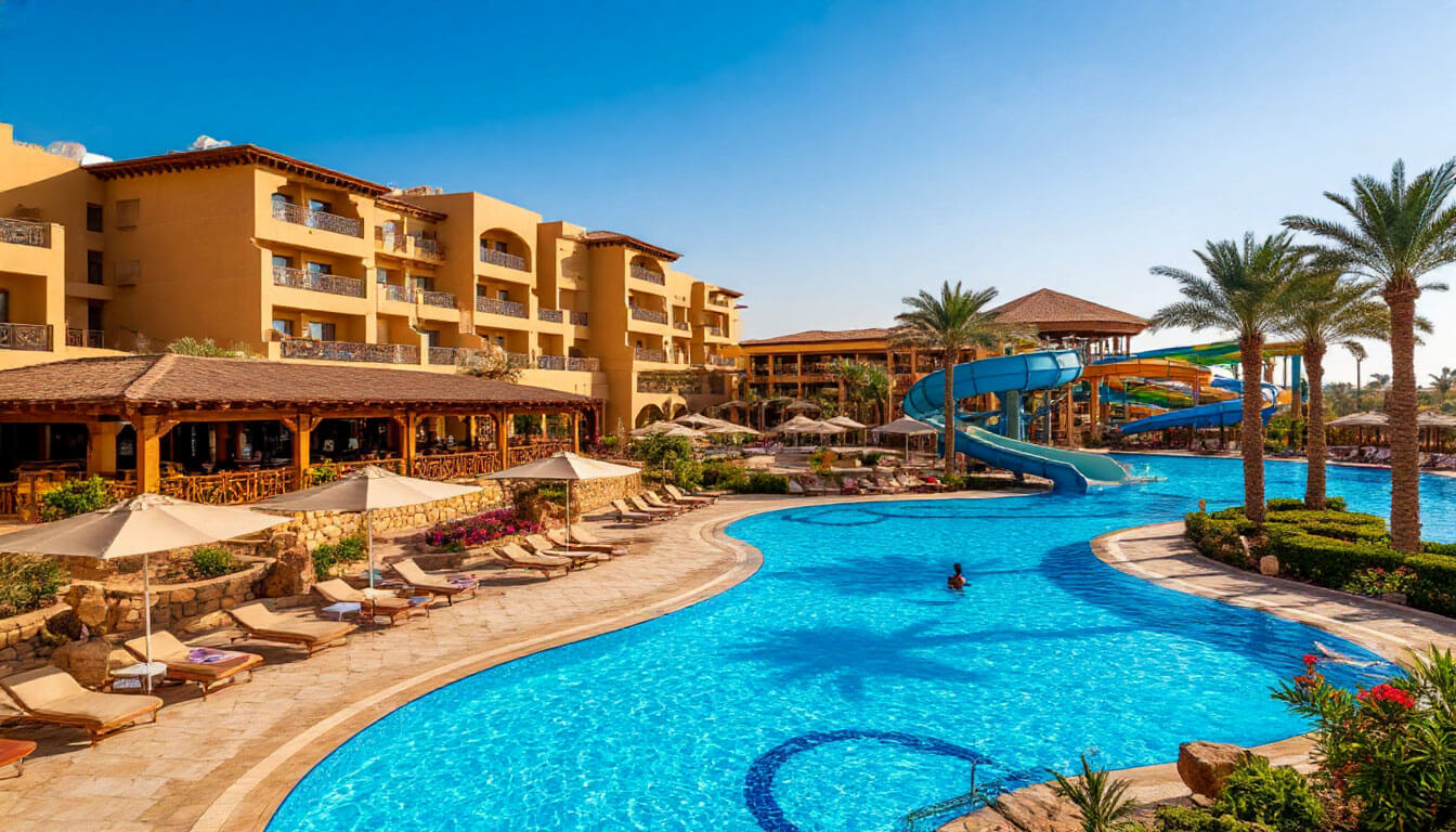 На фото отель с бассейном и аквапакром. Туры в Египет в феврале из Москвы.