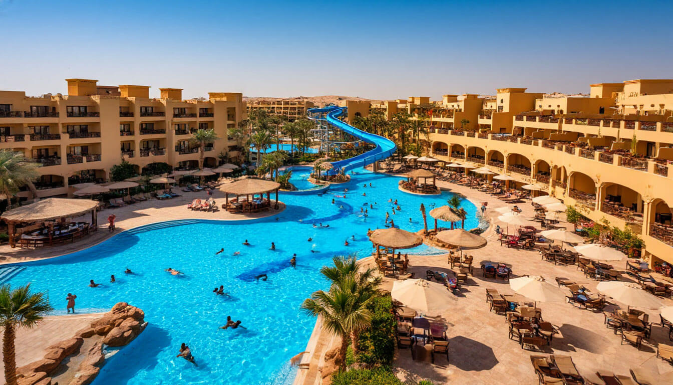 На фото аквапарк с бассейном. Туры в Египет в марте из Москвы.