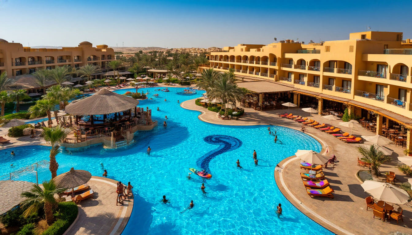 На фото отель с бассейном, аквапарком и баром. Туры в Египет в Январе из Москвы.