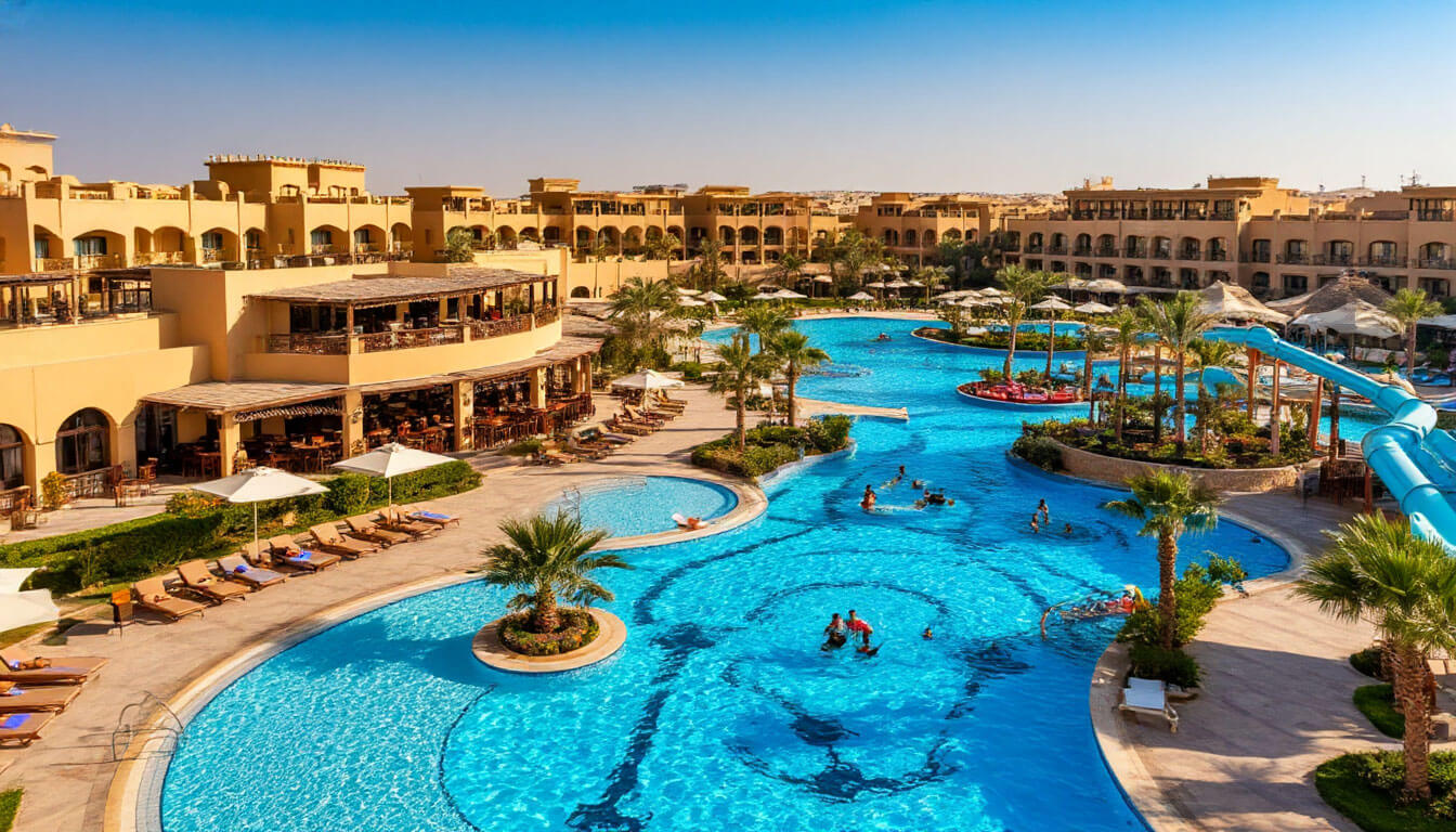 На фото отель с бассейном баром и аквапарком. Туры в Египет в апреле из Москвы.