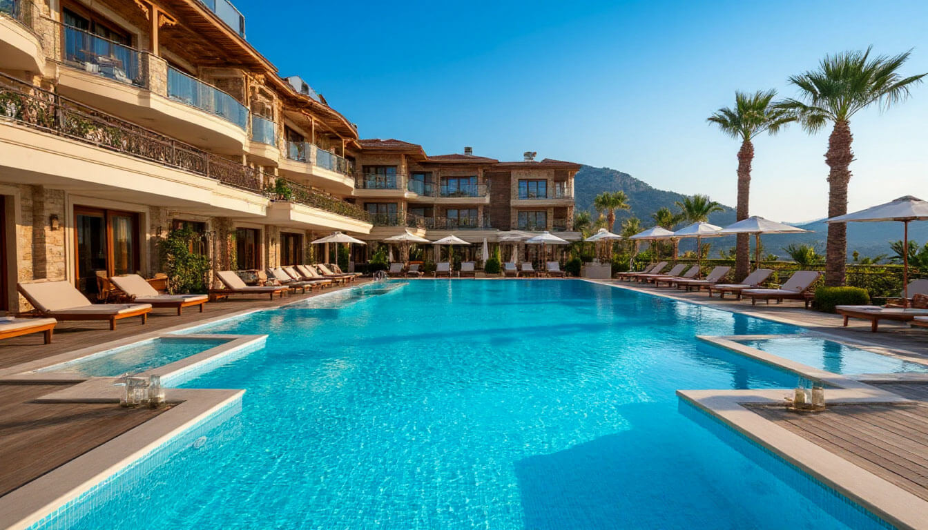 На фото отель с большим бассейном в Турции. Туры в Турцию в сентябре 2025 из Москвы.