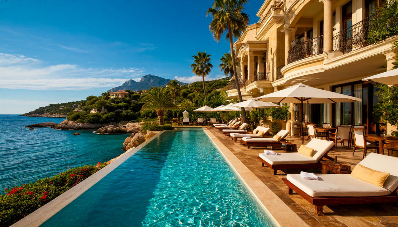 На фото отель с бассйном на 5 этаже на фоне пальм и моря.