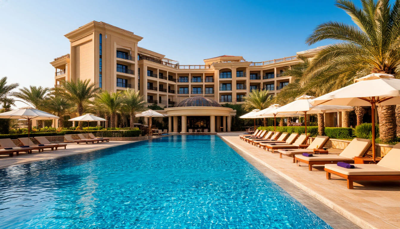 На фото отель с бассейном и пальмами.