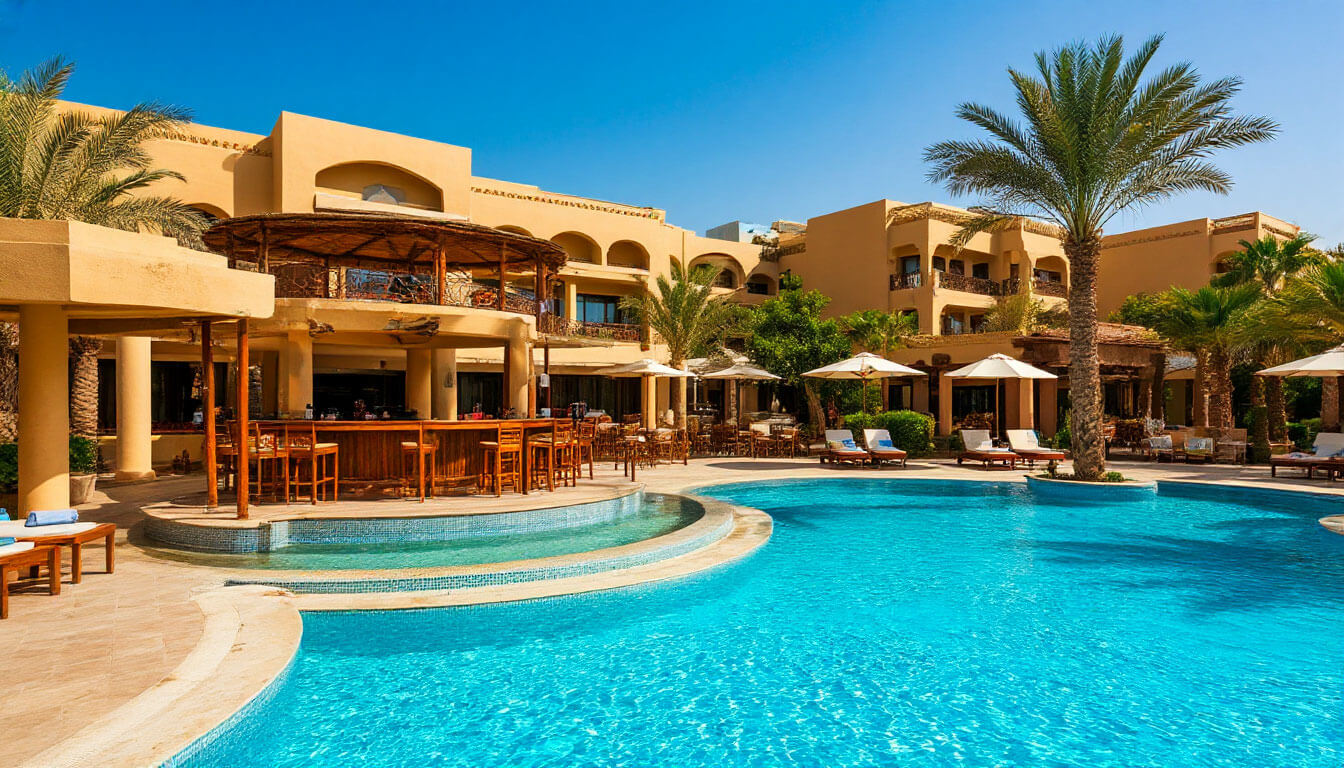 На фото отель с бассейном и баром. Туры в Египет из Екатеринбурга.