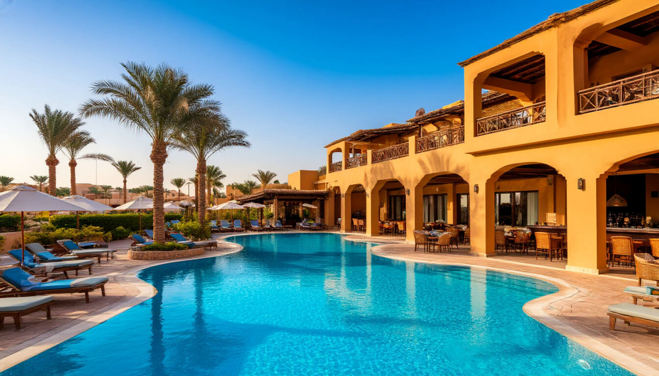 На фото отель с бассейном. Туры в Египет в июле из Москвы.