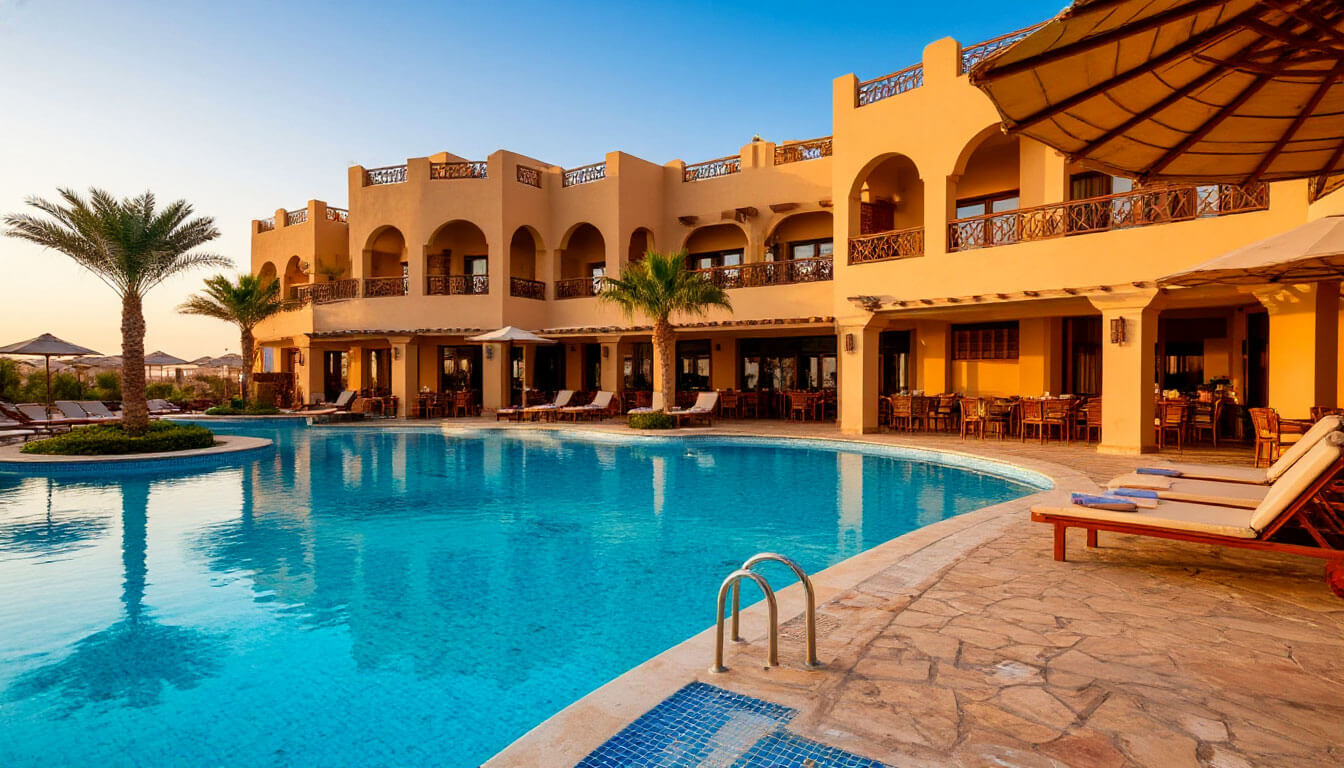 На фото отель с бассейном. Туры в Египет в августе из Москвы.