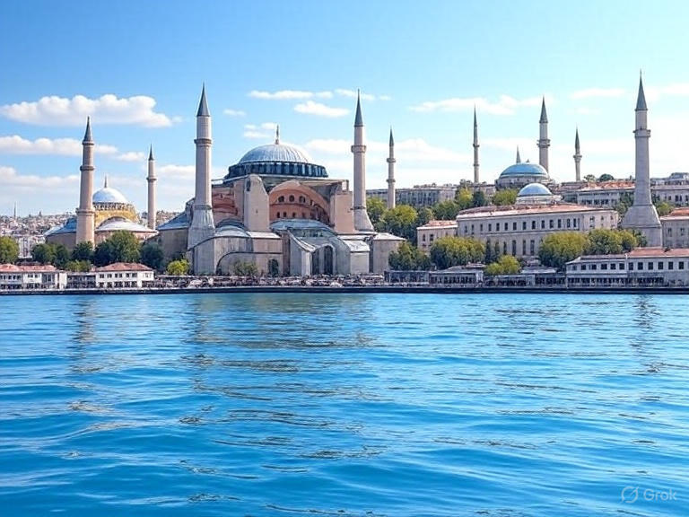 «Турция отдых 2025 цены на отдых на море: панорама Стамбула с Айя-Софией, Голубой мечетью и Босфором»