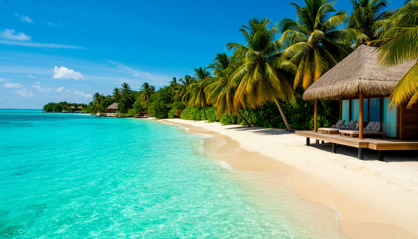 На фото белоснежный пляж и пальмы. Горящие туры на Мальдивы из Екатеринбурга.