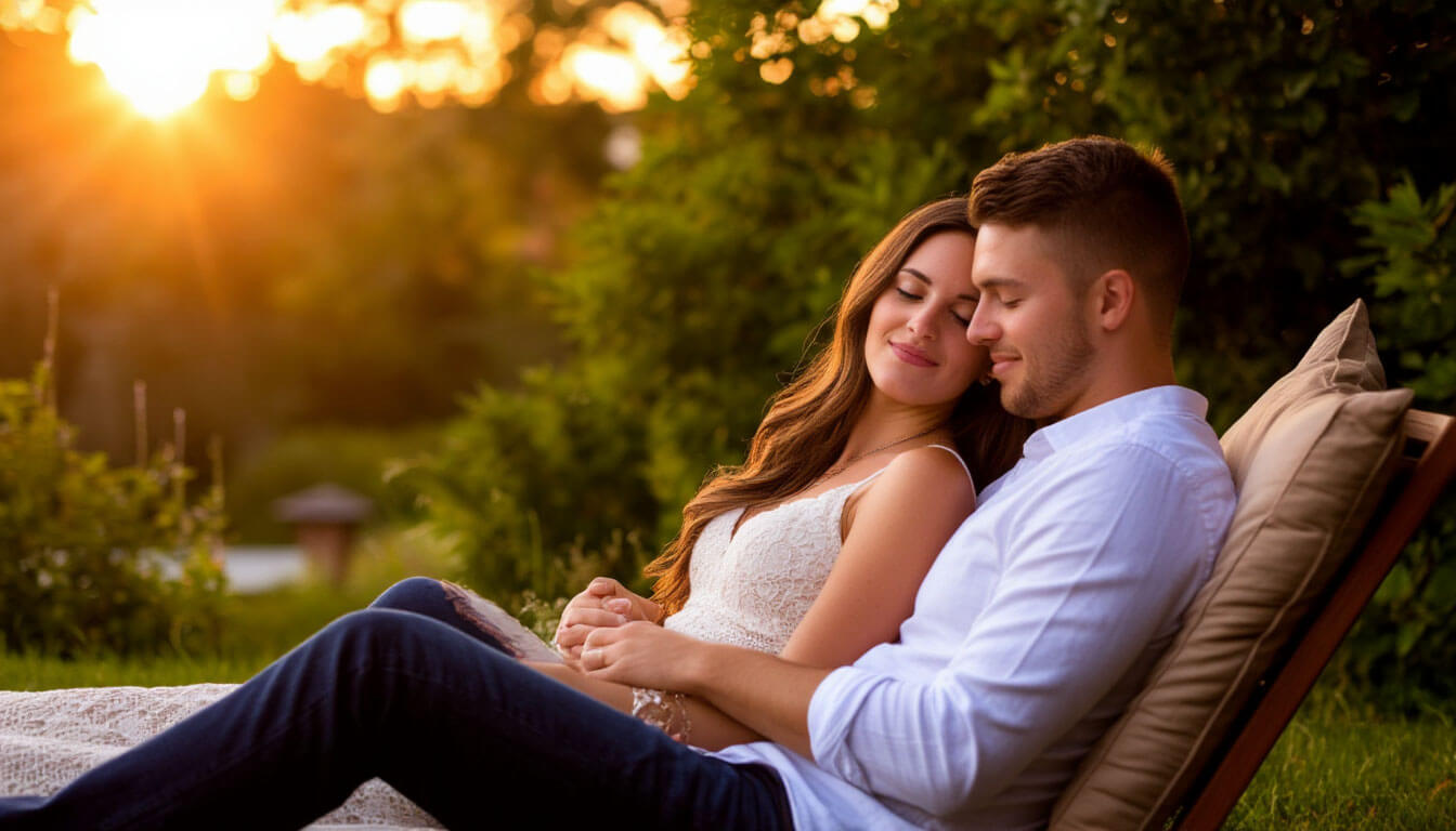 На фото пара отдыхает на шезлонге.