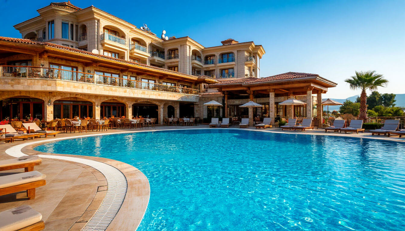 На фото отель с бассейном. Туры в Турцию в феврале из Москвы.