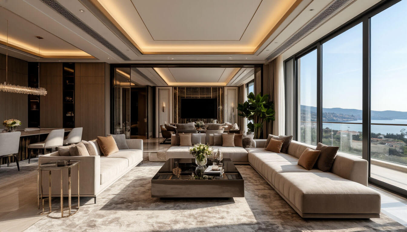 На фото роскошная квартира в Турции с большими окнами и большими диванами.