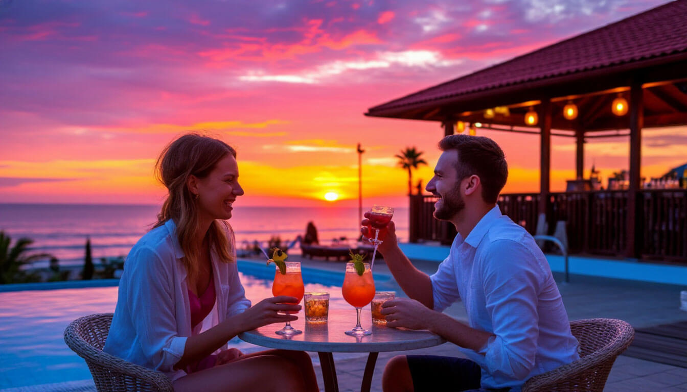 Романтичная пара пьют коктейли на фоне красного заката, бассейна и бара.