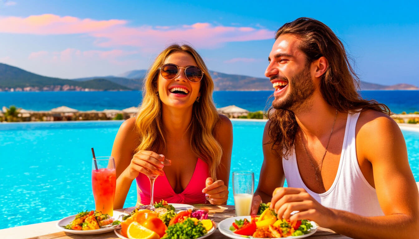 На фото пара у бассейна ест апетитную еду.