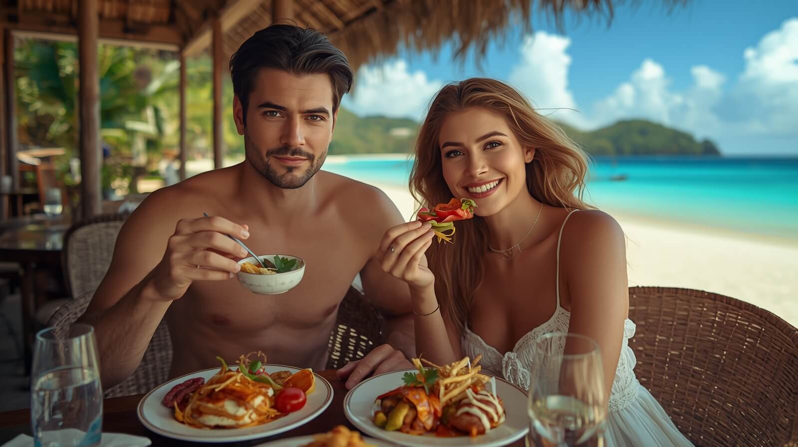 Туры на Фукуок из Екатеринбурга. На фото пара мужщины и женщины трапезничают в кафе на фоне море.