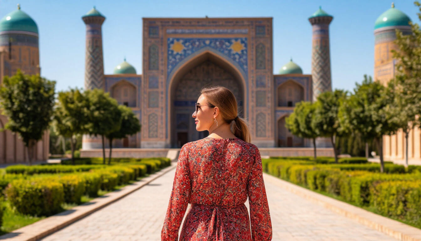 Туры в Узбекистан всё включено из Москвы. На фото молодая женщина гуляет по Узбекистану.
