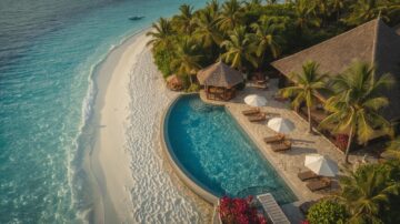 На фото бассейн с баром у моря.