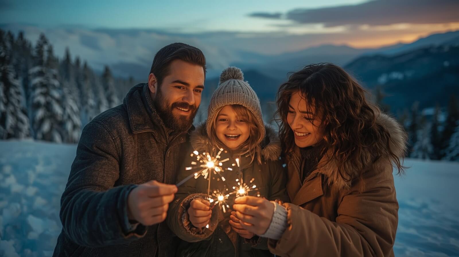 На фото семья в горах в Новый Год.