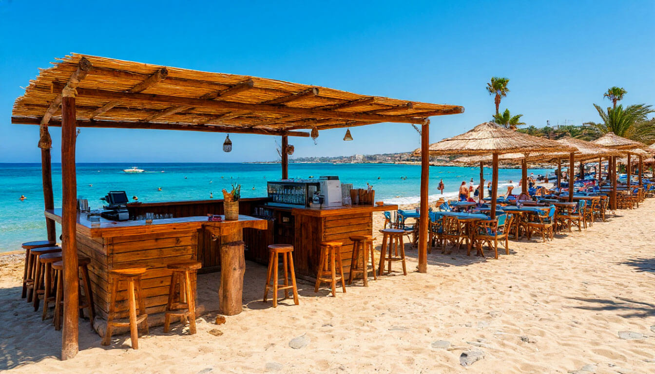 На фото пляж Кипра с баром.