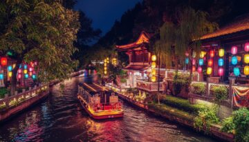 Туры в Китай из Москвы. На фото пейзаж Китая с лодочками и фонариками.