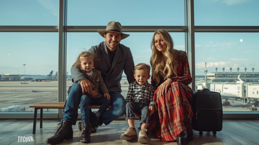 На фото семья ожидающая вылета в аэрапорту.