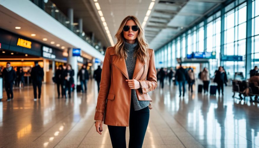 На фото девушка посреди аэропорта.