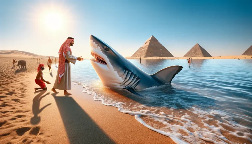 Сюрреалистическая сцена дружбы акулы и человека на пляже в Египте. Сцена включает в себя такие знаковые египетские элементы, как пирамиды на заднем плане. Смело присмотритесь к ним поближе!