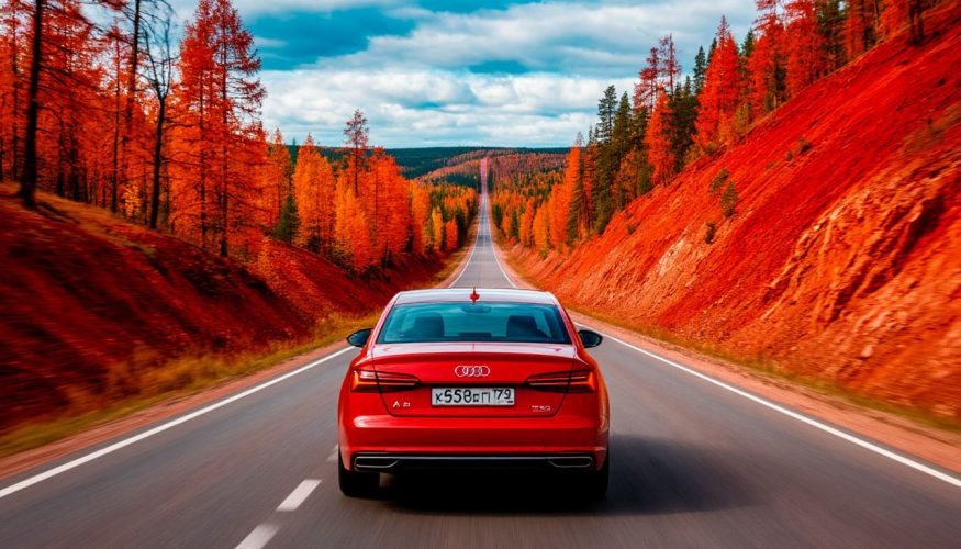 На фото автомобиль едет по среди красочной осенней дороги.