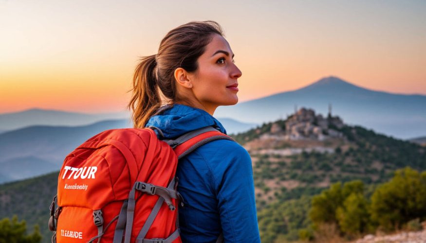 Девушка стоит с рюкзаком на фоне гор