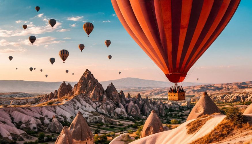 На фото воздушные шары на фоне скал.