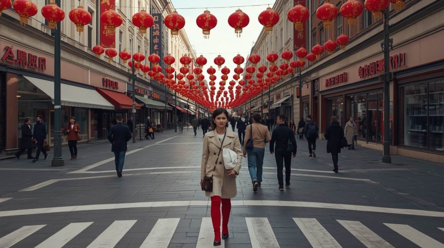 Виза в Китай. На фото русская девушка идет по оживленной китайской улице.