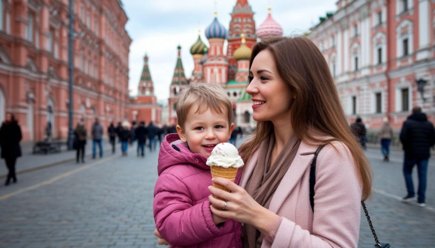 Мама и сын гуляют по Москве и едят мороженое. Куда сходить в Москве с детьми. Туры в Мосвку.